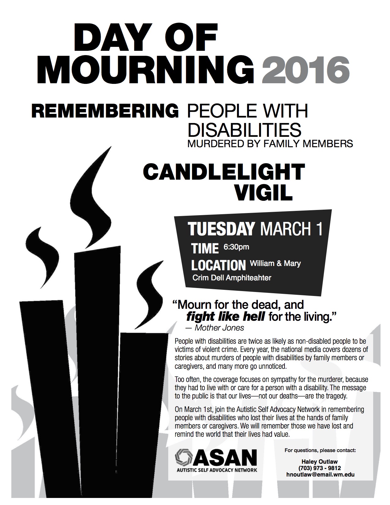 A flyer for the vigil with the time and date, as well as some relevant information, with candle graphics